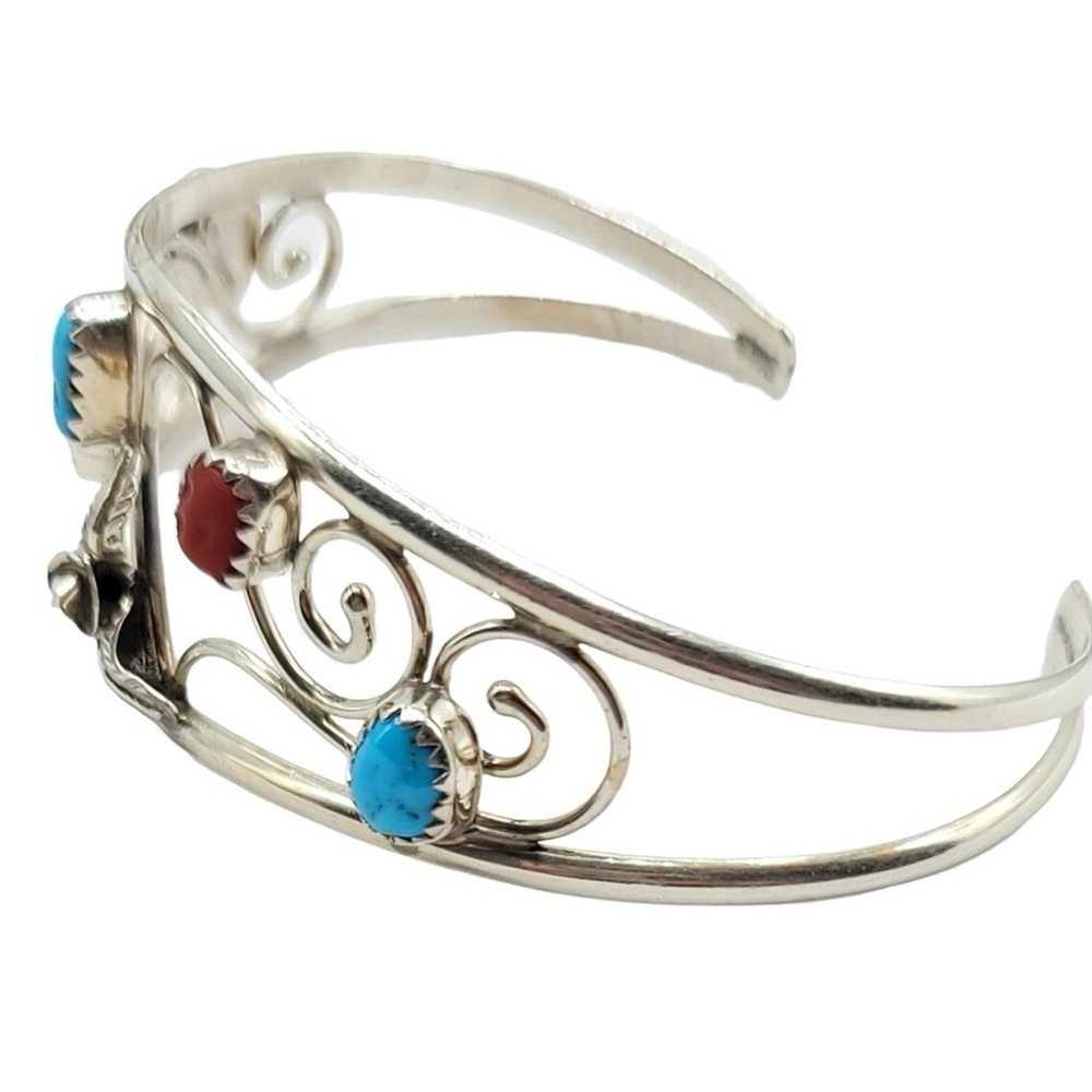 Sterling Silver Navajo Native American Turquoise & Coral Cab Scroll Cuff - Picture 3 of 7
